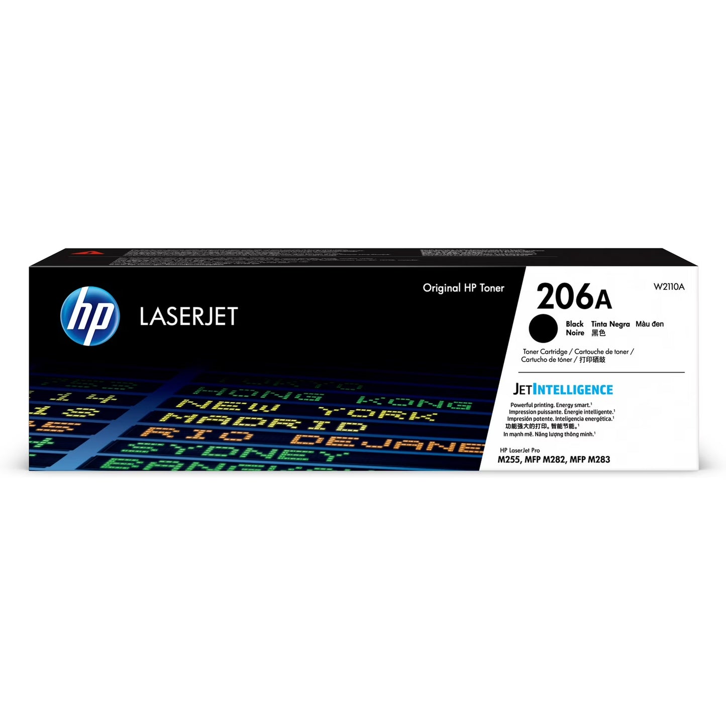 Genuine OEM HP 206A (W2110A) black toner cartridge, standard yield 1,350 pages.